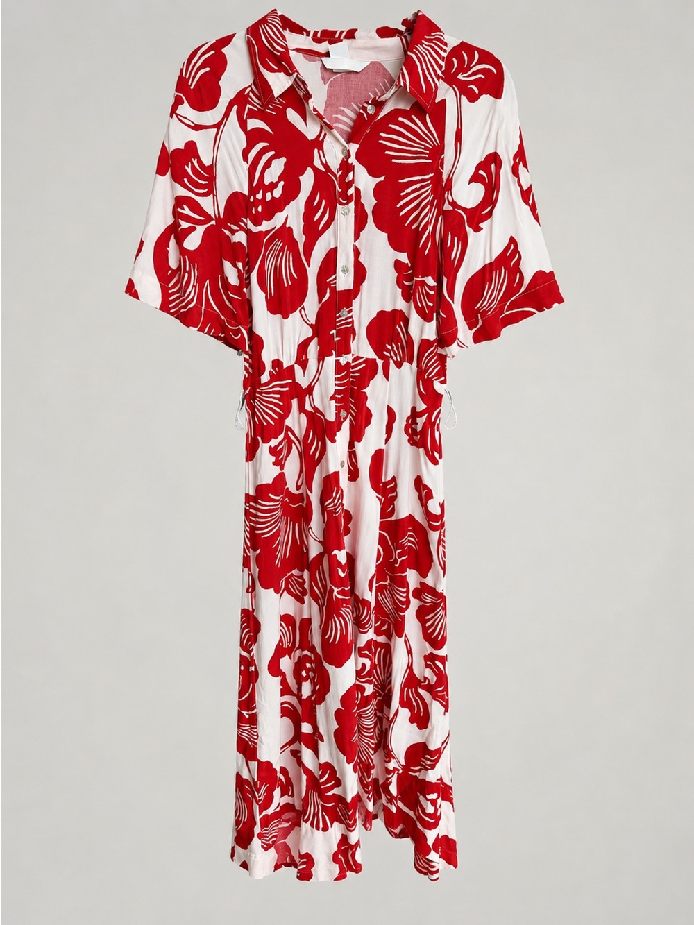 H&M Red and White Floral Print Midi Shirt Dress Size XS